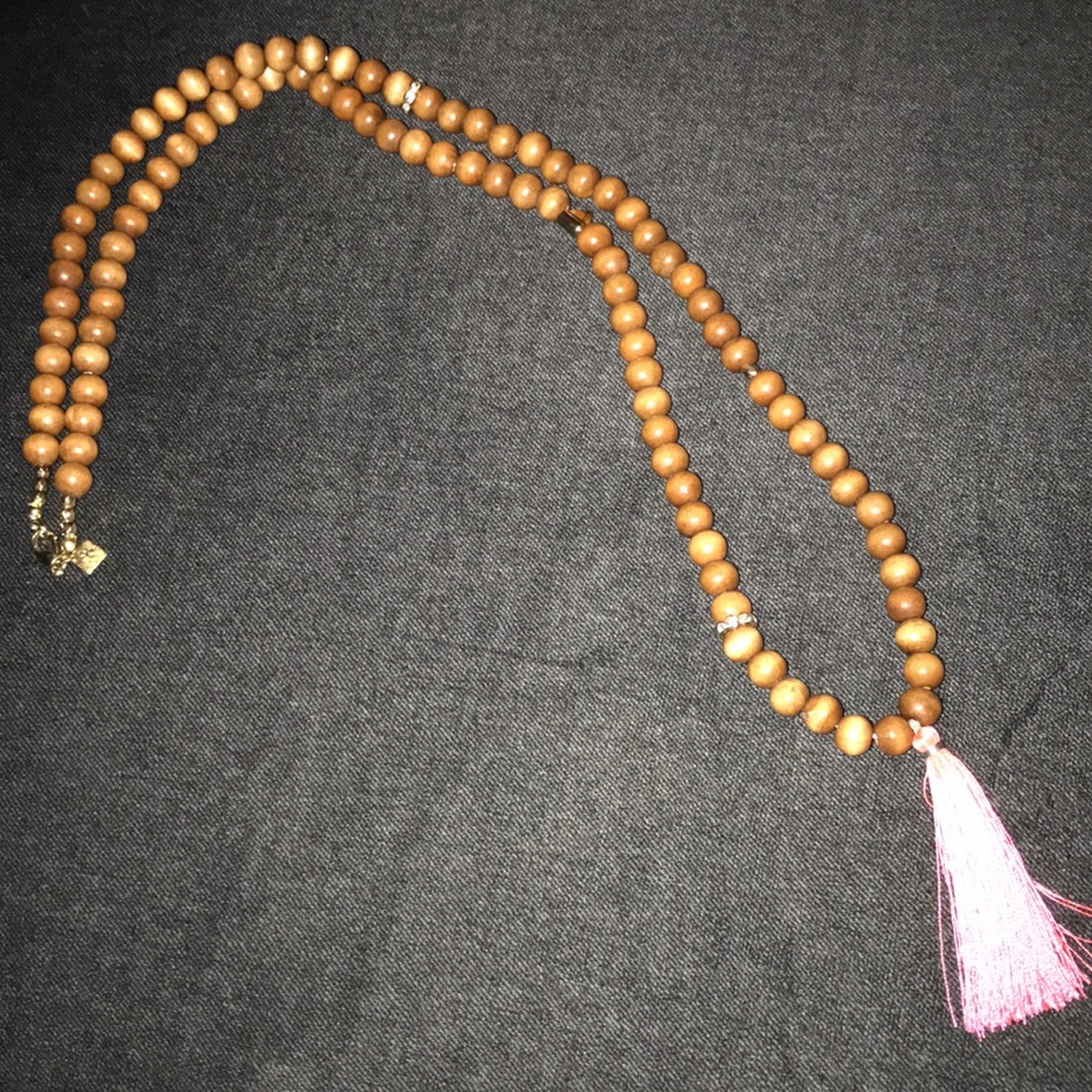 New wooden bead necklace with hot pink tassel
